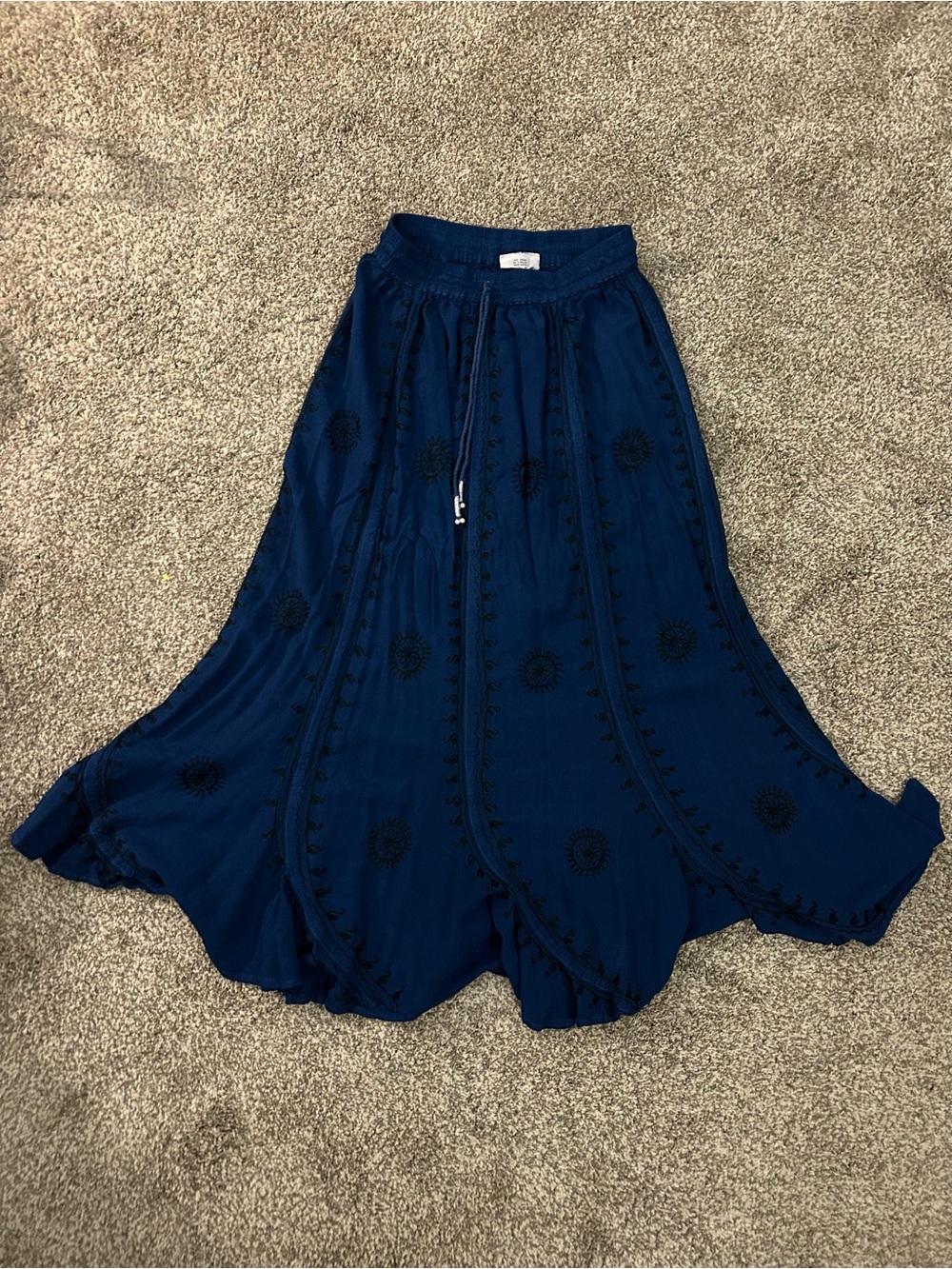 Boho Navy Blue Embroidered Flowing Maxi Skirt